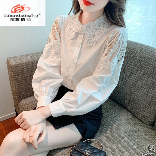 范哲狼（FANZELANG）刺绣棉衬衫女2025年秋装新款时尚绣花白色衬衣宽松百搭长袖上衣 CY9227 白色 S 【建议75-95斤】(备)