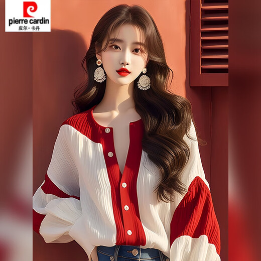 Pierre Cardin (pierre cardin) red and white contrast lantern sleeve chiffon shirt 2025 early autumn new French light luxury chic top women's color matching XL 115-130Jin Jin equals 0.5 kg