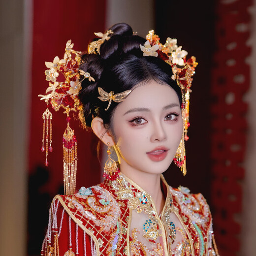 Shilian Bridal Headdress Gold Red Flower Handmade Dragonfly Phoenix Tassel Hairpin Chinese Ancient Costume Xiuhe Wedding Hair Accessory Headwear Set G0168
