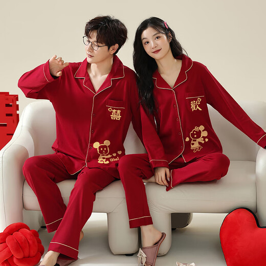 LangSha Wedding Pajamas Couple Outfits One Man and One Woman Pure Cotton Red Spring and Autumn Cotton Festive High-Level Home Clothing Set 3307 Love Launch M Female + 2XL Male