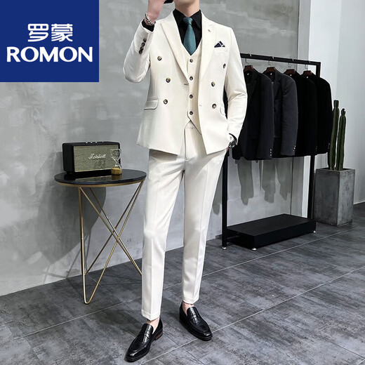 ROMON double-breasted suit men's suit wedding dress slim fit groom's suit men's Korean version trendy British style handsome off-white suit + pants + vest tie 3XL