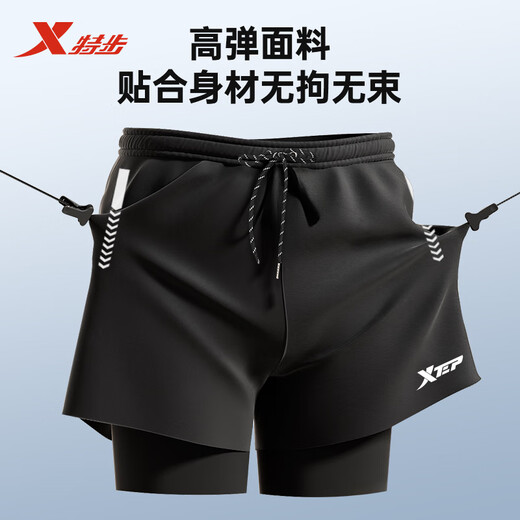 Xtep swimming trunks men's three-piece quick-drying double-layer anti-embarrassment loose swimming trunks swimming goggles and cap set large size swimming equipment modern black three-piece suit myopia contact customer service 3XL recommended weight 150-180Jin Jin equals 0.5 kg