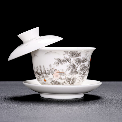 Baolin hovering rotating three-cai tureen tea cup single household Kung Fu tea set large non-hot high-end tea bowl 180ml hovering tureen-mutton fat jade-Mengli Water Village