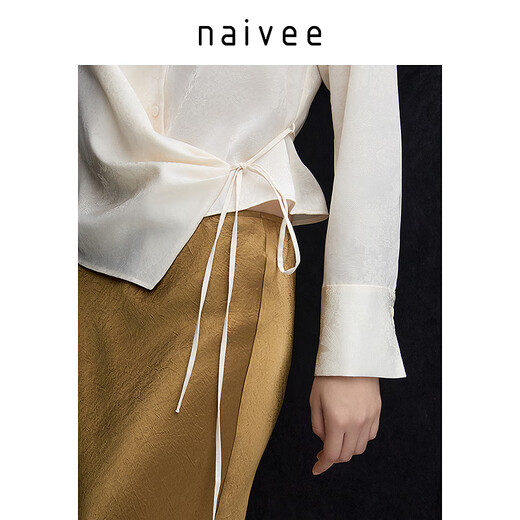 Naivee (naivee) mall same style 25 spring new Chinese style acetate jacquard V-neck tie waist shirt top women's inner layering shirt beige L