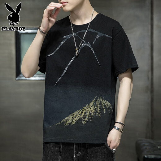Playboy (PLAYBOY) short-sleeved t-shirt men's pure cotton clothes 2025 summer new fashion brand casual loose printed t-shirt men's 829 black XL 121-140Jin Jin equals 0.5 kg