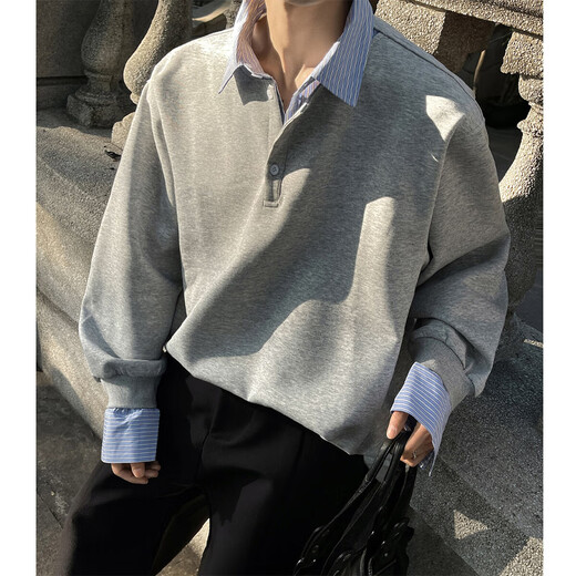 Pugos fake two-piece American retro shirt for men in spring and autumn loose Henry collar splicing design striped inner T-shirt sweatshirt gray upgraded model XL suitable for 130-145 Jin Jin equals 0.5 kg one size