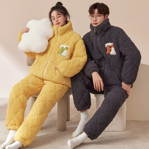 Modal couple pajamas for women winter coral velvet three-layer quilted jacket new thickened plus velvet men's flannel zipper home clothes 669401 female-889401 male M female recommended weight 80-100Jin Jin equals 0.5 kg