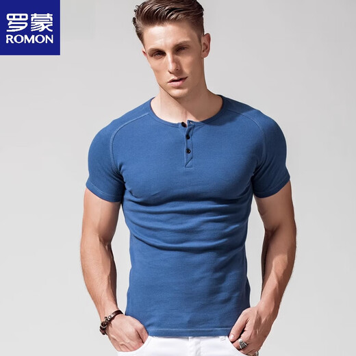 ROMON Henry shirt men's short-sleeved T-shirt Henry collar American retro heavyweight cotton tight slim short-sleeved bottoming shirt spring and autumn black (short-sleeved) T1781 M 90-Jin Jin equals 0.5 kg