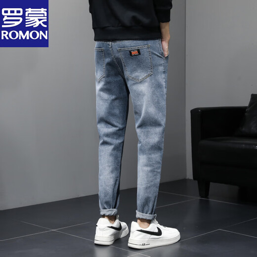 罗蒙牛仔裤男夏季薄款弹力百搭青年修身小脚休闲韩版春秋新塘长裤 蓝灰844 28