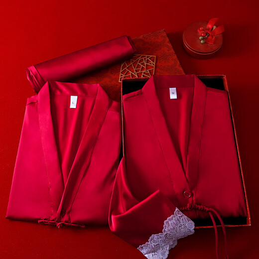 VURM Silk Pajamas Women 100 Mulberry Silk Spring and Summer Wedding Birth Year Couple Red Home Wear Gift Box Set Chang Xiangsui (Men's Style) L
