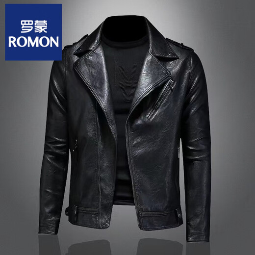 Luo Meng Leather Jacket Men's Diagonal Zipper Trend 2025 Spring and Autumn Handsome Soft Leather Lapel Motorcycle Slim Jacket Black XL