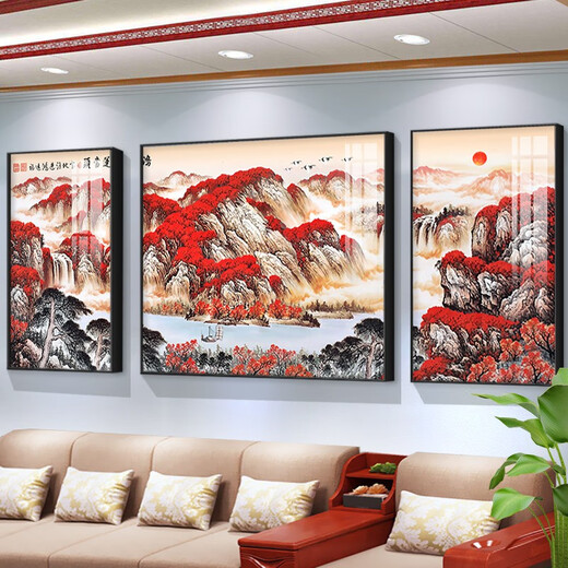 新中式客厅装饰画简约大气沙发背景墙软装壁画办公室山水风景挂画 TXMG4867 中间100*70cm/左右50*70cm适用3