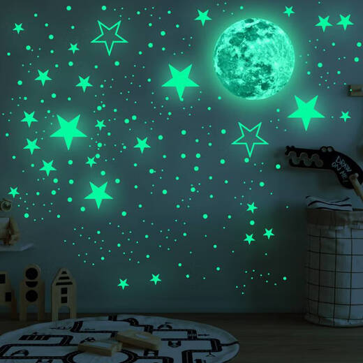 30CM Luminous Moon Glowing Stars Creative Fluorescent Wall Sticker Children's Room Decoration Cartoon Starry Sky Sticker Self-adhesive (Blue Light) 1 Moon + 1049 Star Dots_3