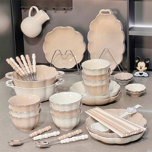 典派厨具乔迁碗碟套装家用2024新款高颜值餐具饭碗盘子釉下彩碗筷碗盘组合 白金描边4-6人食礼盒装1355