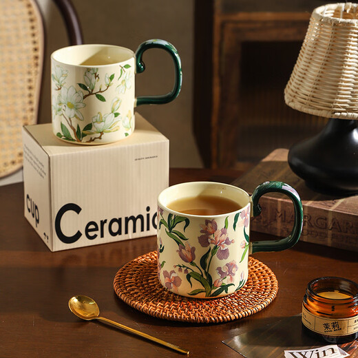 Sherry French retro ceramic couple mug niche coffee cup water cup girl high-looking office drinking cup Iris 400ML exquisite color box | can enter four machines