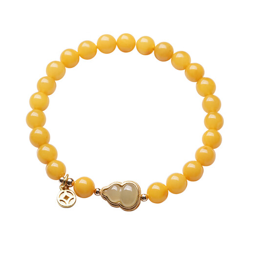 Lie Rui Natural Beeswax Bracelet for Women Old Honey Chicken Oil Yellow Hotan Jade Gourd Bracelet Lucky and Lucky Ancient Style Ball Beads Jewelry Bead Diameter About 6mm Chicken Oil Fulu Yellow Beeswax Bracelet