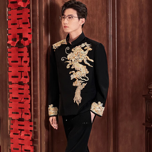 TOME BORNEK American Tommy New Chinese tunic men's wedding suit suit Chinese style groom wedding dress dragon pattern embroidery Yunqi suit jacket + pants M