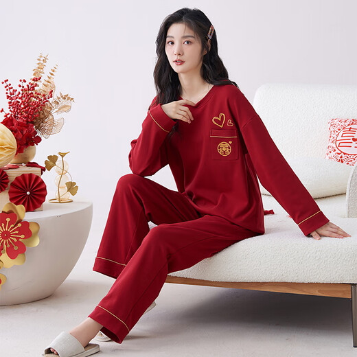 猫人蛇年睡衣女士春秋季纯棉长袖100%全棉家居服冬红色本命年V领套装 9227 XL ( 建议体重110-140斤）