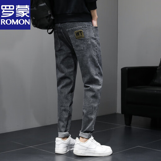 罗蒙牛仔裤男夏季薄款弹力百搭青年修身小脚休闲韩版春秋新塘长裤 蓝灰844 28