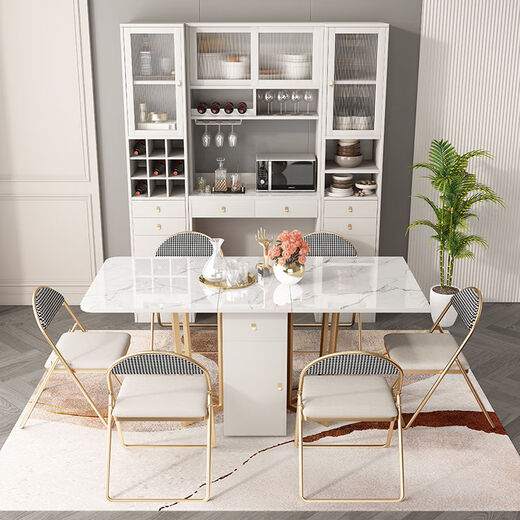 Hanpan slate folding dining table and sideboard integrated multifunctional storage and wine cabinet modern household small apartment retractable dining table Folding dining table cabinet + wine cabinet * 2 + 4 chairs Solid wooden board + delivery and installation