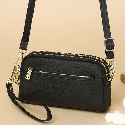 南啵丸真皮手拿包女2025新款时尚韩版单肩斜挎包百搭多层小包手抓贝壳包 黑色