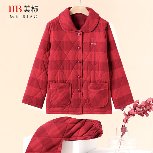 American Standard Mall's same style three-layer thickened cotton couple's pajamas for women, autumn and winter red product, zodiac year, cotton home clothes for men, Chinese red-women's L