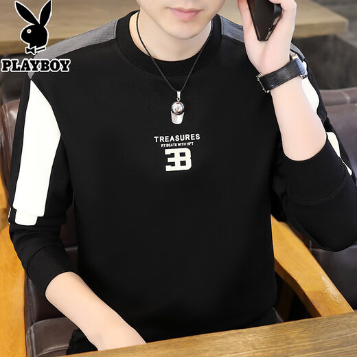 花花公子卫衣男士秋冬季圆领拼色长袖t-恤内搭打底衫帅气上衣加绒加厚秋衣 8902【春秋款】米色 L 【建议105-125斤】