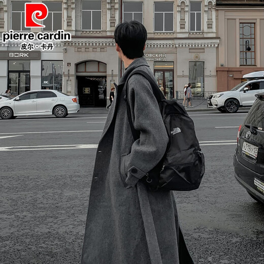 Pierre Cardin woolen coat men's autumn and winter style British style Korean style mid-length handsome trendy loose casual knee-length windbreaker jacket black L