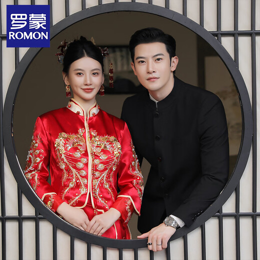 ROMON New Chinese style stand collar tunic suit suit men's Chinese style groom wedding engagement dress suit slim suit black (suit + trousers) 2XL /54 135-150Jin Jin is equal to 0.5kg wear