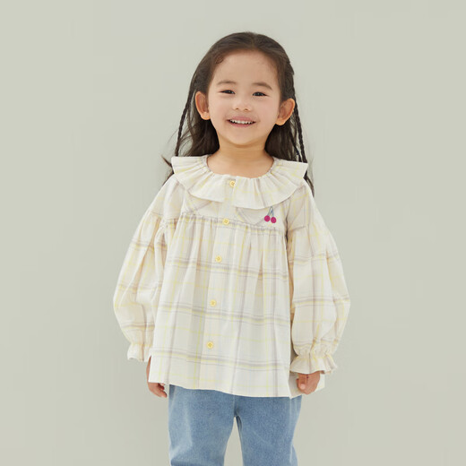 Papa crawling spring children's shirt girls ruffle collar plaid long-sleeved top sweet and cute beige 100 cm