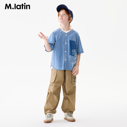 M.Latin M.Latin Children's Clothing Children's Shirt 25 Summer Clothes New Men's and Big Children's Resort Style Printed Short-Sleeved Shirt Denim Light Blue 120