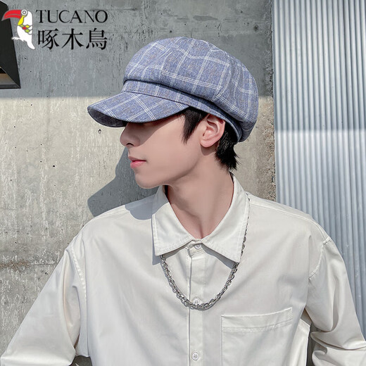 Woodpecker (TUCANO) Hat Men's Summer Trendy Brand Painter Hat Literary Thin Octagonal Hat Men's British Retro Beret Peaked Cap Plaid Blue One Size One Size