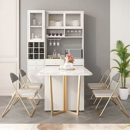 Hanpan slate folding dining table and sideboard integrated multifunctional storage and wine cabinet modern household small apartment retractable dining table Folding dining table cabinet + wine cabinet * 2 + 4 chairs Solid wooden board + delivery and installation