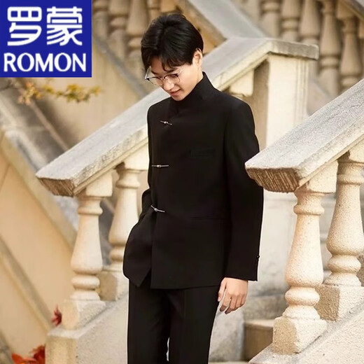 ROMON New Chinese-style Chinese tunic suit, high-end stand-up collar suit, men's spring and autumn wedding and engagement suit jacket, black, high quality, M 100-120Jin Jin equals 0.5 kg