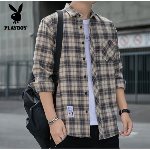 Camisa informal a cuadros de Playboy, camisa de manga larga para primavera y otoño para hombre, tops de estilo coreano, chaqueta fina holgada retro de verano K12109 verde (más terciopelo M 90-110Jin Jin es igual a 0,5 kg