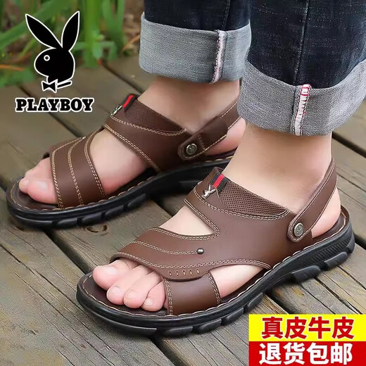 Playboy (Playboy) Sandalen Herren echtes Leder atmungsaktivem Dual-Purple-Sandalen Herren-Sohle ohne Schlupf-Freizeitschuhe Outdoor Beachschuhe Brown-H835 41