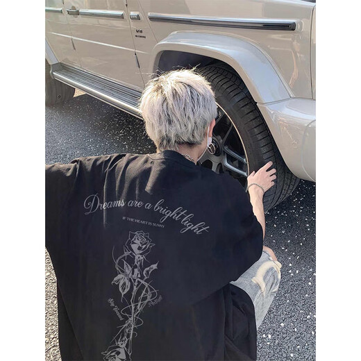 卡图弛白色纯棉重磅短袖t恤男夏季美式潮流玫瑰印花宽松五分半截袖上衣 白色 XL