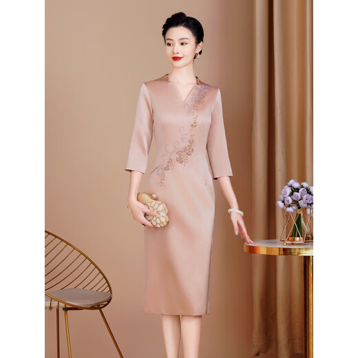 Bei Yaoxi's mother high-end wedding acetate dress cheongsam wedding mother's dress satin mother-in-law noble Xi mother-in-law dress pink three-quarter sleeves L recommended 105-115 Jin Jin equals 0.5 kg