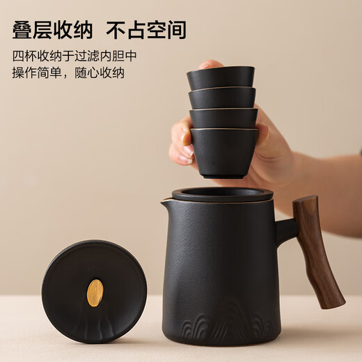 Made in Tokyo, travel tea set, portable travel tea set, teacup, outdoor tea set, complete set of black pottery Zhoushan, one pot and four cups