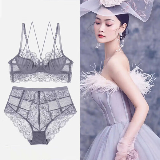 Victoria Palace large size underwear, beautiful back, big breasts and small underwear, ultra-thin sexy lace push-up, comfortable, breathable and sexy bra set, black 90C (with XXL size underwear)