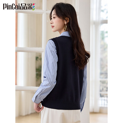 PinCai long-sleeved shirt women's striped contrast stitching sweater temperament retro fake two-piece long-sleeved shirt P51S019