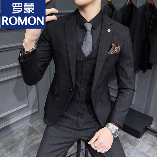罗蒙（ROMON）西服男士套装感修身订婚新郎结婚礼服商务正装休闲西装伴郎服 深灰色纹理9905【西服+西裤】配2 S 4690斤穿