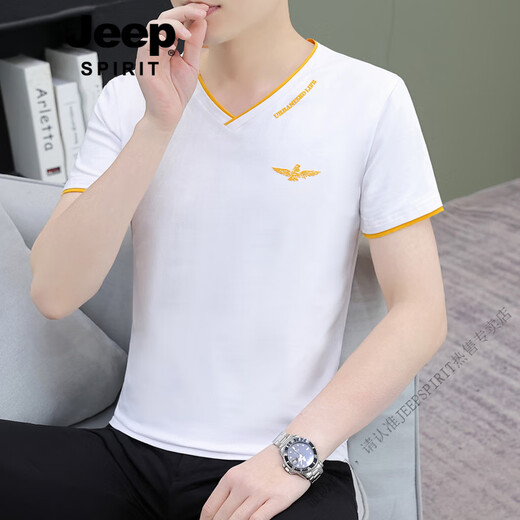 JEEP SPIRIT高品质薄款白色男装v领短袖t恤打底衫青年上衣夏季新款纯棉体恤衫 蓝灰色Q694短 袖 L