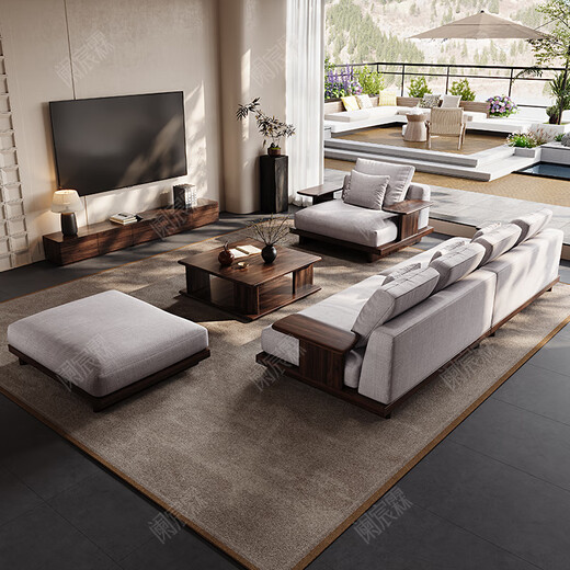 Lanchenlin Song's Aesthetic Black Walnut Solid Wood Sofa New Chinese Style Living Room 2025 New Combination Straight Sofa Home 2.62 Meter Three-Seater + Double + Single + Coffee Table