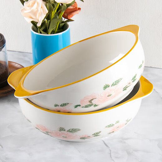Ceramic double-eared bowl, new large size household anti-scalding underglaze colored water-boiled fish large dish basin, good-looking soup bowl with white spoon, Camellia 2-piece set, 10.5-inch double-eared bowl, 1 pack + 1 white spoon