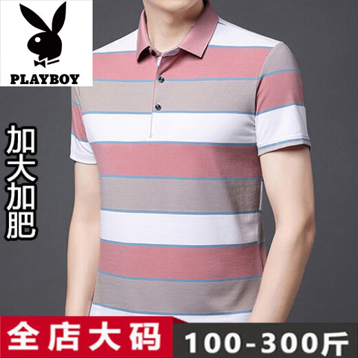 花花公子高端品牌纯棉短袖T恤男装夏季加肥加大肥佬条纹百搭商务POIO衫 1695蓝色 M 165码建议100-120斤
