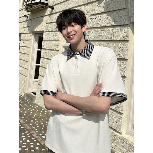 NYING American fake two-piece short-sleeved polo shirt for men 25 summer new high street fashion brand three-quarter sleeve spliced loose top black XL (120-140Jin Jin equals 0.5 kg)