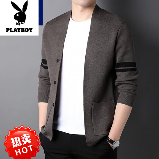 花花公子（PLAYBOY）针织开衫男士春秋季2025年新款潮流羊毛外穿毛衣男士休闲舒适外套 浅卡 3XL