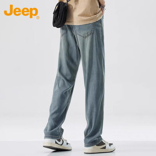 JEEP Ice Silk Jeans Herren Sommer Dünne Lyocell Casual Gerade Hosen Männer Retro Blau 32