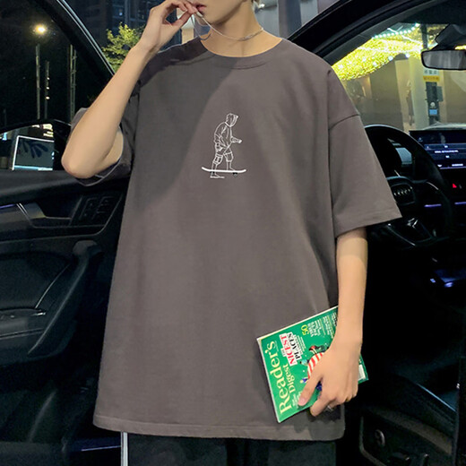 常缕竺纯棉T恤男潮牌潮流休闲宽松圆领短袖男生青少年夏季新款百搭体恤 3892粉红 XL 约140-160斤可穿